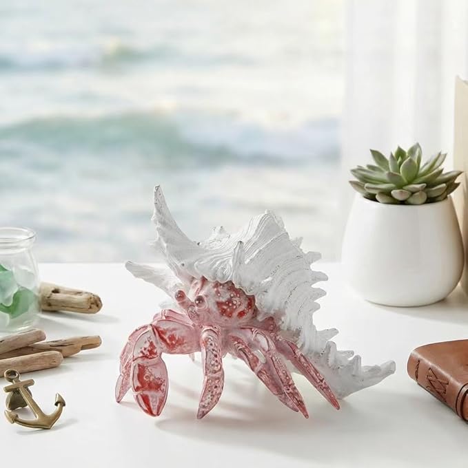 VVGIFTS Beach Coastal Decor Red Hermit Crab with Shell Figurines Decor Home Office Desk Sculpture Statue for Tabletop Shelf Bathroom Decoration Ornament Gift (Red)