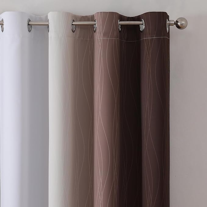 Estelar Textiler Brown and Greyish White Gradient Blackout Curtains 102 Inches Long for Bedroom, Thermal Insulated Full Room Darkening Ombre Grommet Drapes for Living Room, 52Wx102L, 2 Panels