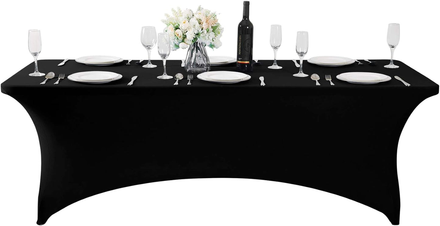 SuperO Waterproof Spandex Table Cover for 8FT Table Universal Fitted Stretch Tablecloth for Party, Banquet, Wedding and Events-Black