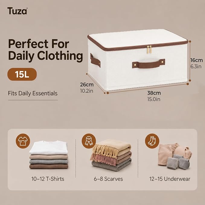 Tuza 3 Pcs Rigid Storage Bins with Zipper Lid, Cotton Linen Fabric Storage Boxes, Foldable Shelves Clothes Storage Cubes with Handles for Wardrobe, Closet(Beige, 15L)