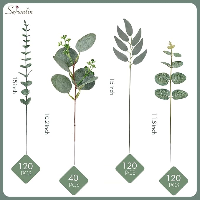 Serwalin 400pcs Artificial Mixed Eucalyptus Stems Leaves Bulk, 4Kinds Fake Greenery Silver Dollar Eucalyptus Leaves Picks,Faux Greenry Stems Sprays for DIY Bouquets Floral Arrangement Home Decor
