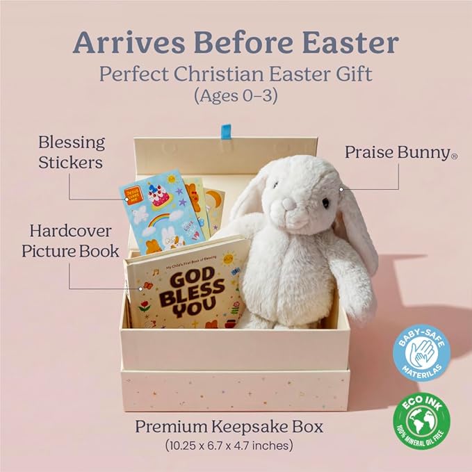 Praise Bunny Christian Easter Gift Set for Kids – 11” Singing Plush Toy with 3 Bible Songs, Hardcover Blessing Book, Keepsake Box, Stickers, Easter Basket Stuffers, Christening Gift for Baby, Toddlers