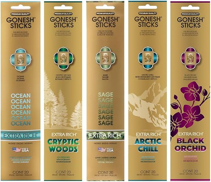 Gonesh - Extra Rich Scented Incense Sticks Variety Pack - Non-Toxic 10” Slow Burn Aromatic Sticks - Ocean, Cryptic Woods, Sage, Arctic Chill, Black Orchid - 5 Packs of 20