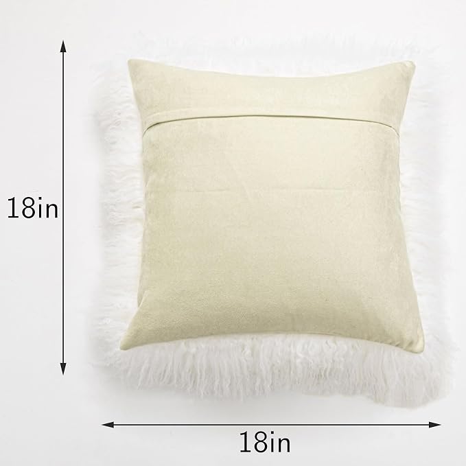 Mongolian Lamb Fur Throw Pillow Cover Soft Fluffy Decorated for Livingroom Car Accessories, 45cm (18" x18‘’) White