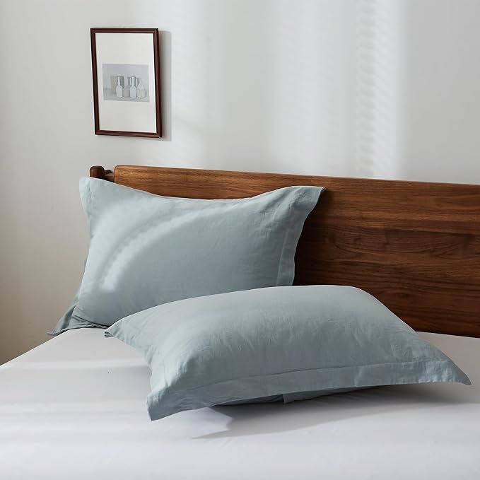 100% French Linen Pillow Shams Basic Style - Pack of 2 - Washed Solid Color Natural Flax Soft Breathable - Dusty Blue, 20'' x 26''