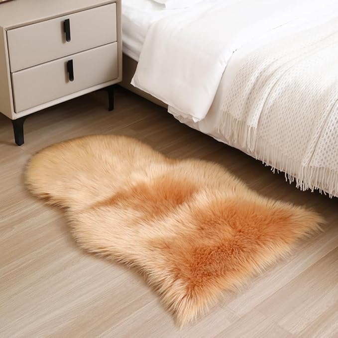 Faux Fur Rug 2 x 3 ft Sheepskin Shaggy Fuzzy Brown Area Rug Super Soft Fluffy Plush Carpet for Bedroom Living Room Sofa Floor Kids Room Bedside