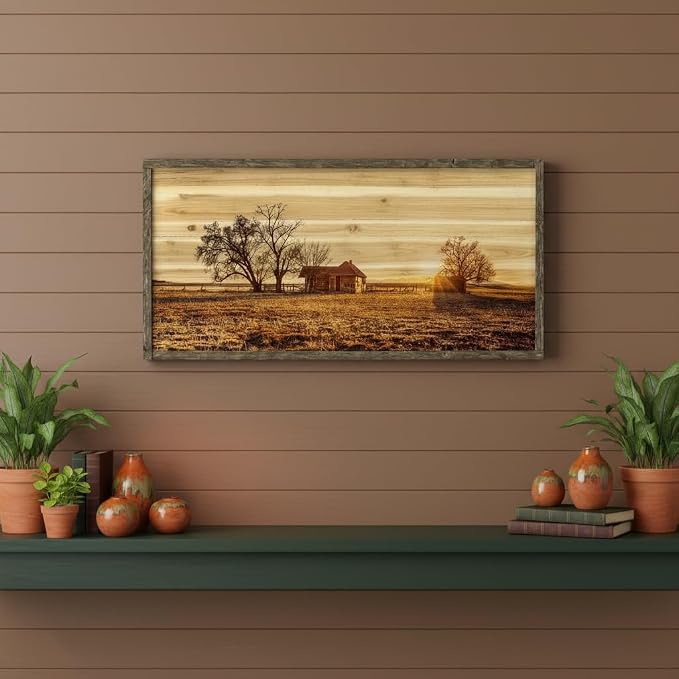 Bedroom Framed Wall Art Picture: Farmhouse Country Barn Wooden Painting Living Room Horizontal Nature Landscape Sunset View Print Long Panoramic Rustic Farm Cabin Sunrise Scene Artwork for Home