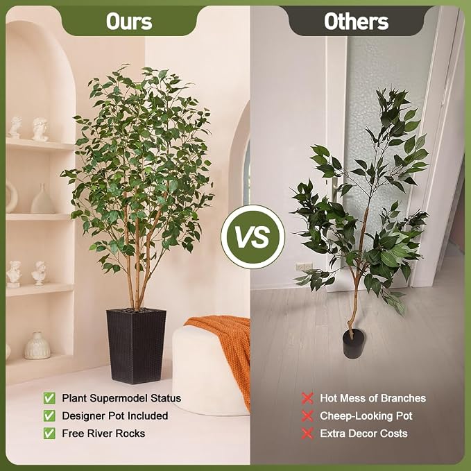 VeriNatural 6ft Artificial Ficus Tree,Tall Faux Tree with Silk Leaves & Real Wood Trunk,UV Resistant Potted Fake Plant with Pebbles & Planter-Indoor Outdoor Floor Plant for Home Living Room,VN129