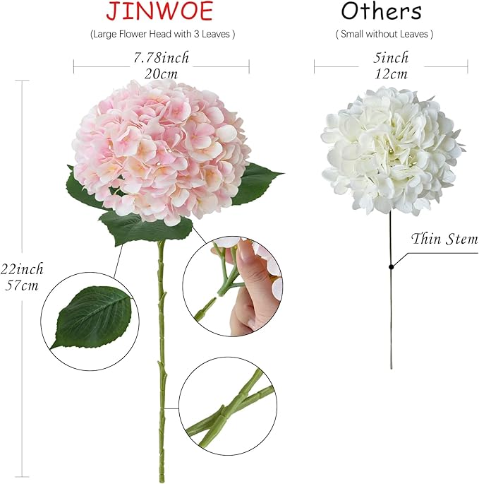 JINWOE Pink Flowers Silk Artificial Hydrangeas, 4Pcs 22" Lifelike Large Silk Flowers with Stems, Artificial Flowers for Wedding Bouquet Table Centerpieces Outdoor Home