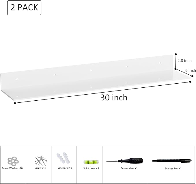 Sezanrpt 30 Inch White Floating Shelves for Wall Décor, Acrylic Storage Wall Shelf Holder, Wall Mounted Home Organizer Shelves with a Free Screwdriver, 2 Pack(30 Inch)
