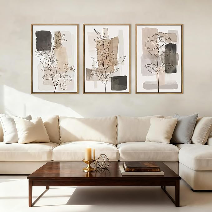 Anyzal Extra Large Neutral Floral Framed Wall Art 24x36 Inch Tan Modern botanical Canvas Wall Decor Minimalist Black Flower Prints for Living room Bedroom Dining room Set of 3