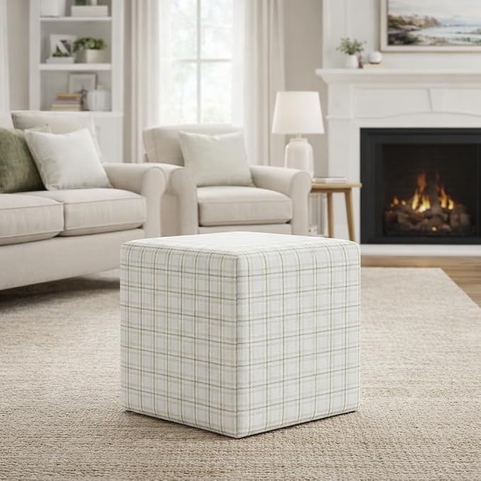 HomePop 19" Square Ottoman - Natural Plaid Woven Fabric