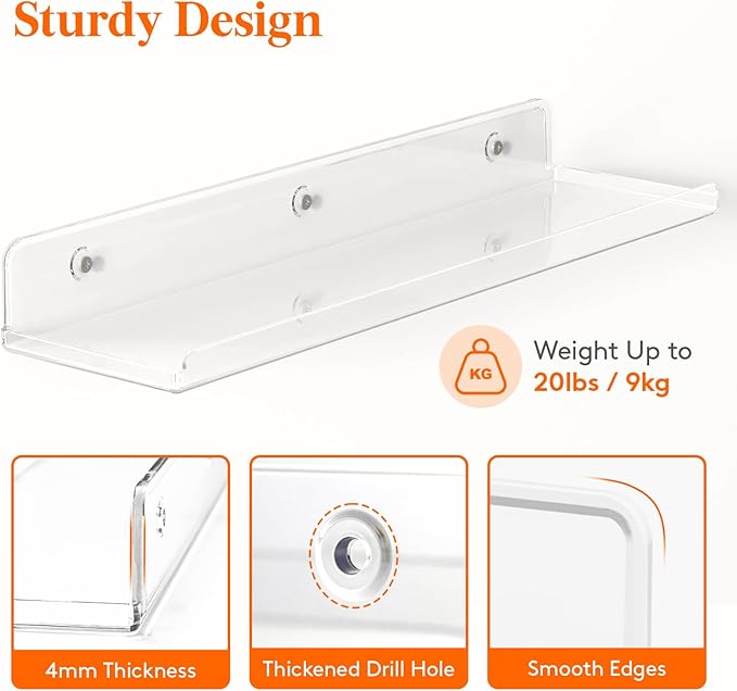 Lifewit Floating Shelves for Bathroom, 15" Acrylic Wall Organizer for Perfume, Makeup, Figures, Nail Polish, Photo, Book, Decor Display Rack for Nursery, Living Room, Bedroom, Kitchen, Clear, 6 Pack