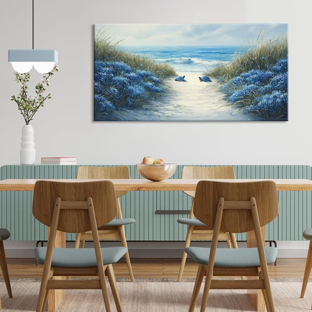 LASMOND Romantic Beach Wall Art for Living Room Blue Sea Turtle Lovers Canvas Painting Prints Ocean Sandy Romance Flowers Large Bedroom Office Decor Artwork (40x20 Inches)