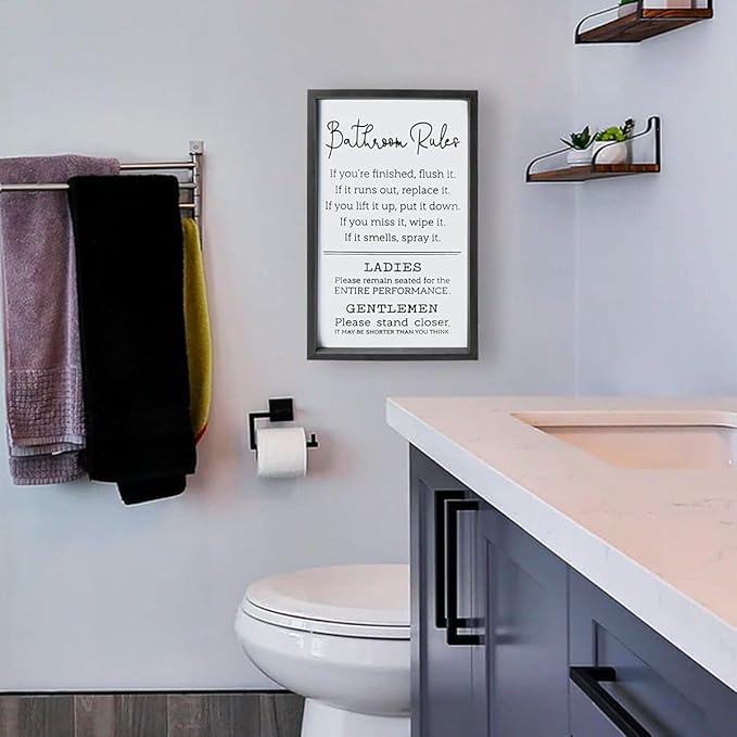VILIGHT Bathroom Rules Sign House Warming Gifts for New Home - Farmhouse Toilet Decorations Funny Restroom Wall Decor - Black Frame Vertical 16x9.5 Inches
