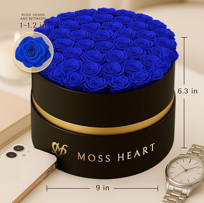 50 Petite Preserved Roses, Designer Round Box, Real Forever Roses Last 1+ Year, Premium Gift for Women, Wife, Girlfriend, Mother’s Day, Birthday, Anniversary, Valentine’s Day