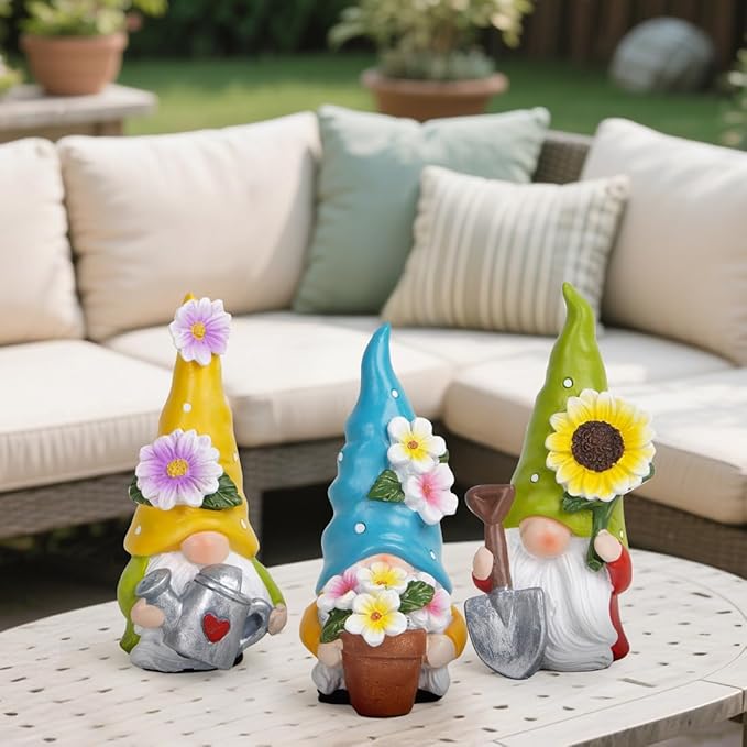 Hodao Spring Decorations for Home - Colorful Garden Gnomes Figurines with Flowers & Tools – Spring Summer Indoor Decor for Table, Lawn, Window Sill – Gift for Garden Lovers