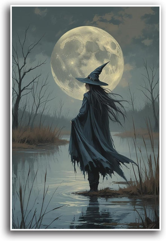 JFHCQJPK Witch in the moonlight magic canvas wall art enchanting Halloween home decor swamp witch silhouette oil painting mysterious gothic aesthetic wall decor print poster12x16in Frameless
