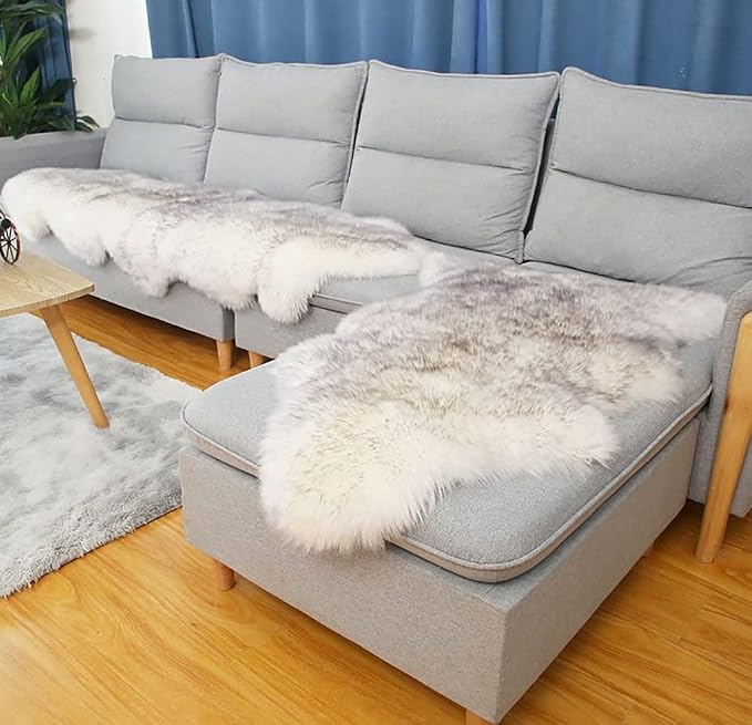 HUAHOO Premium Genuine Sheepskin Rug White Grey Real Australia Sheepskin Natural Luxury Fluffy Lambskin Fur Area Rug Seat Covers for Kids Bedroom Sofa Chair Cover Double Pelt/2' x 6' Wolf Tip