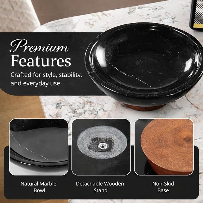 Decorative Marble Bowl Black - Handcrafted Natural Stone on Acacia Wood Pedestal - Versatile 10" Catch‑All Centrepiece for Home Decor - Entryway, Dining Table, Kitchen Fruit Bowl, Key Holder (Black)