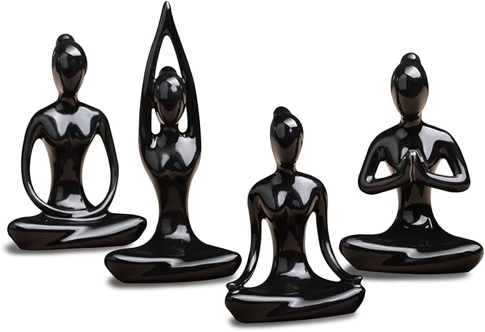 OwMell Lot of 4 Meditation Yoga Pose Statue Figurine Ceramic Yoga Figure Set Decor - Black