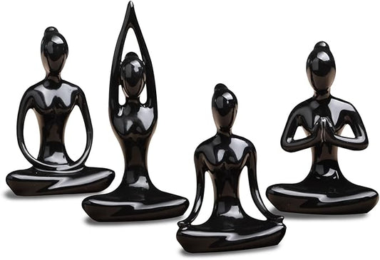 OwMell Lot of 4 Meditation Yoga Pose Statue Figurine Ceramic Yoga Figure Set Decor - Black