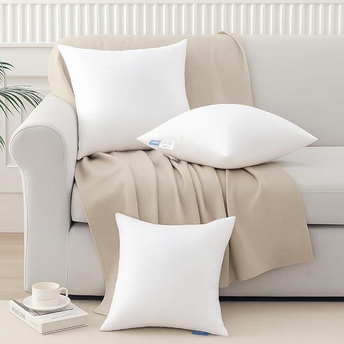 Leeden 18x18 Pillow Inserts Pack of 2, 18 Inch Throw Pillow Inserts, Soft Fluffy Decorative Square Throw Pillows for Couch, Sofa, Bed, and Home Decor White Pillows
