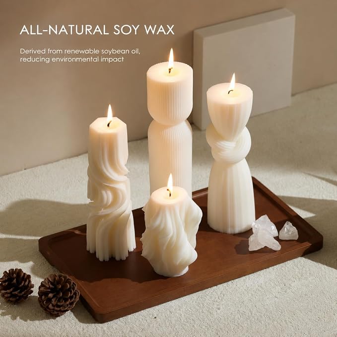 4-Pack Pillar Candles - Soy Wax Handmade Ribbed Candles for Home Decor, Housewarming Gift, Shelf & Table Decor - Aesthetic Modern Candles Set (Pearl White)