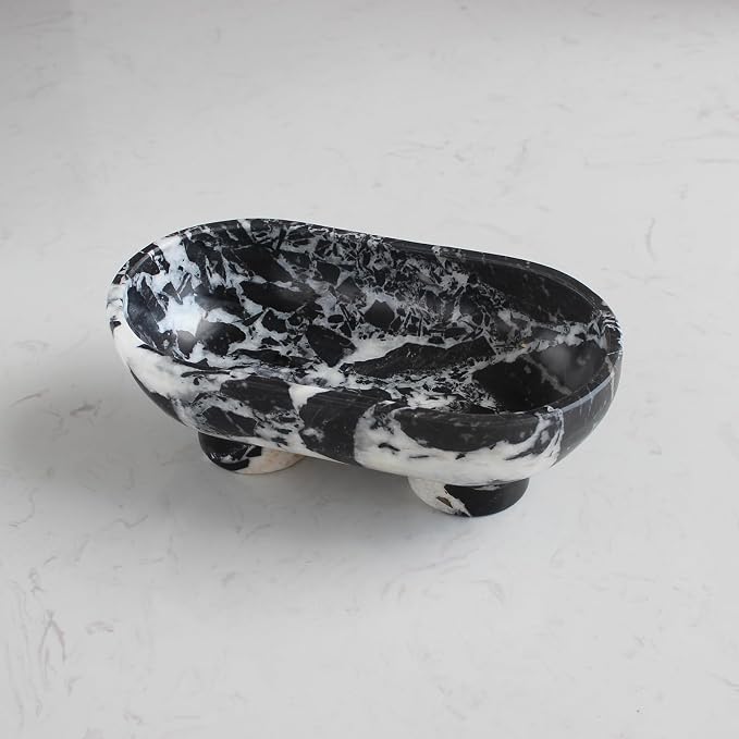 Nawgnail Natural Oval Calacatta Black Marble Fruit Bowl for Kitchen Counter 10", Large Decorative Bowl Two-Legs for Home Decor, Fruits Holder For Dining Table - Kitchen Organization
