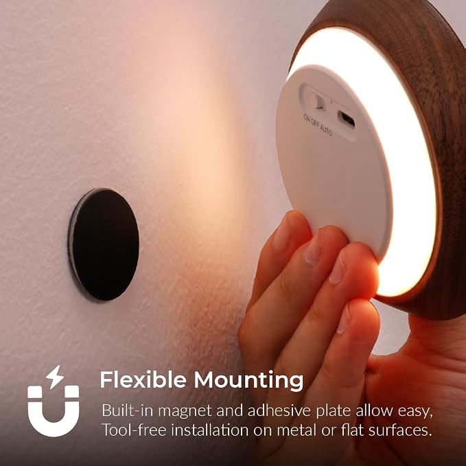 Wood Flower Motion Sensor Night Light, Mini Lamp with Embossed 3D Floral Surface, Rechargeable Warm Light, Stick-On Magnetic Mount for Home Decor, Bedroom, Hallway, Stair (Round Black Walnut *1Pack)