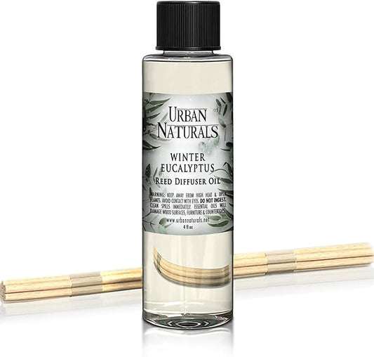 Urban Naturals Reed Diffuser Oil Refill Winter Eucalyptus, Crisp Eucalyptus, Mint, Spruce, Cedar, Essential Oils, 4 oz + Free Reed Sticks, Made in the USA