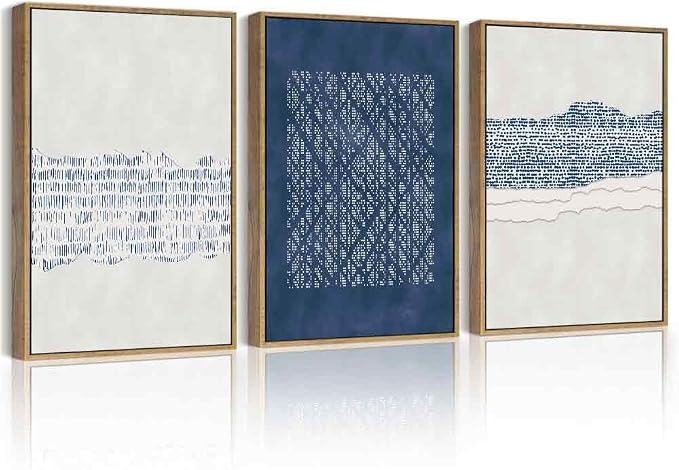 PHOPAGO Navy Blue Abstract Framed Wall Art Mid Century Minimalist Wooden Pastel Boho Wall Decor Modern Neutral Farmhouse Living Laundry Decor- 12x16in Natural Framed