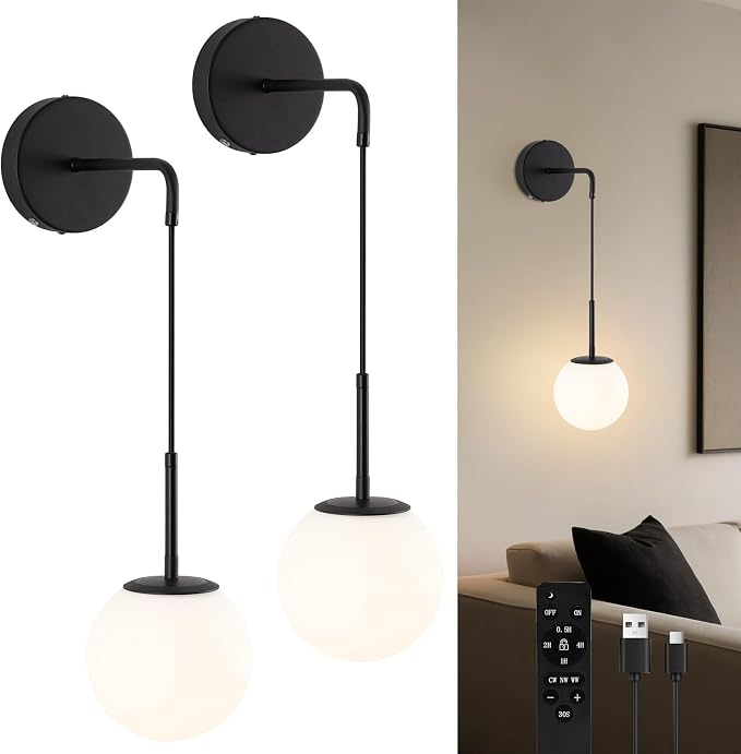 Battery Operated sconces Set of 2 Glass Globe Rechargeable Black Wall Light Fixture Wireless Wall Lights with Clear Glass Shade for Living Room, Hallway, Bedroom(2 Pack)