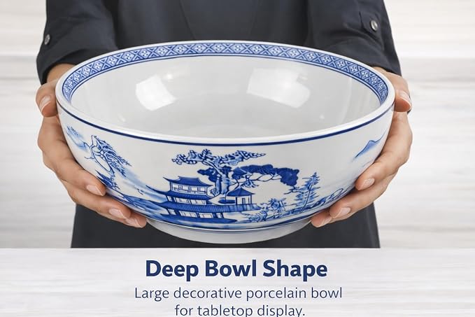 12 Inch Blue and White Porcelain Bowl, Large Chinese Decorative Centerpiece Bowl, Oriental Landscape Ceramic Bowl for Tabletop, Fruit Display, Kitchen Counter and Home Décor