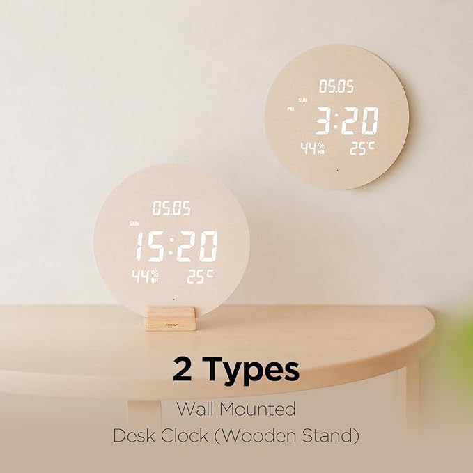 mooas Wood Moon Cordless Digital LED Wall Clock, Time Week Temperature & Humidity, Sound Sensor-Auto Brightness, Modern Décorative LED Clock for Bedroom Livingroom, Wireless Wall Mount/Wooden Stand