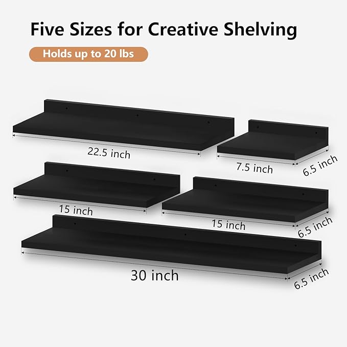 Floating Shelves for Wall Set of 5,Black Floating Shelves bathroom,30 Inch Natural Wood Book Shelf for Wall Mounted,Home Decor Display Shelving,Storage Shelves for Living Room,Bedroom,Kitchen