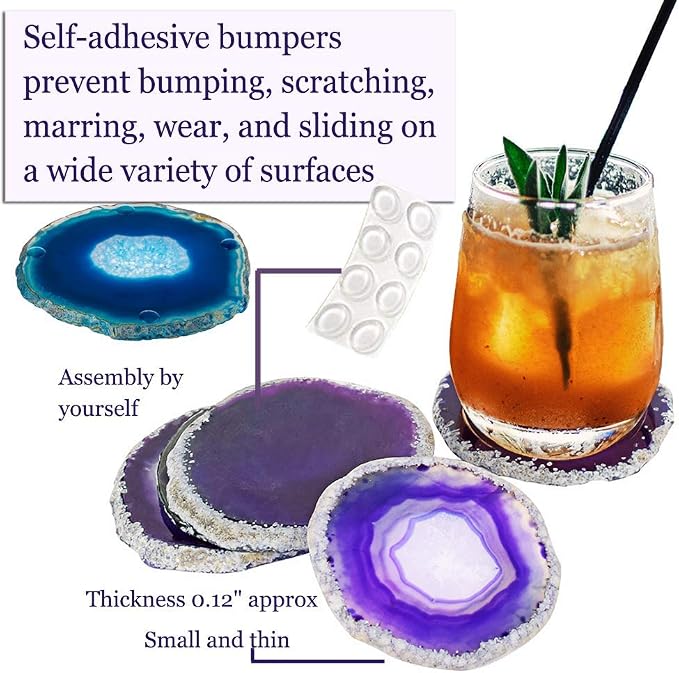 Natural Agate Coasters Set of 4, Dyed Purple 3-3.5" Geode Slices for Small Cups & Glassware, Unique Crystal Stone Decor with Rubber Bumpers
