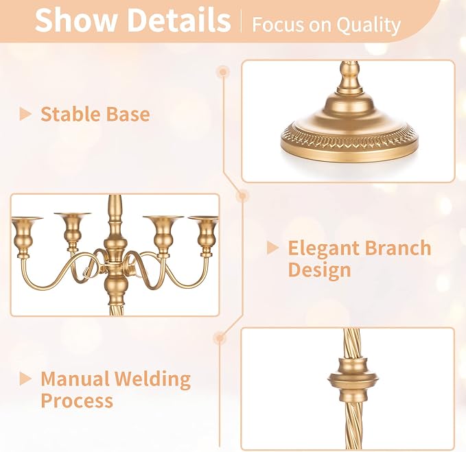 Nuptio Tall Gold Candelabras 34 Inch Candle Stick Holders Set of 2 Floor Candle Stand Taper Candle Holders for Classic Wedding Mantal Christmas Halloween Easter Home Table Centerpiece Decoration
