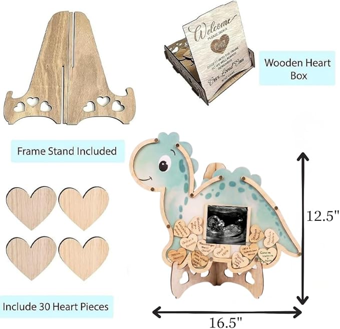 Dinosaur Guest Book Alternative Keepsake Frame - Baby Shower - Birthdays - Gender Reveal - Decorations - Premium Wooden Shadow Box Nursery Decorations - Gift Idea - Wooden Tokens and Token Sign Box Included - OneASaurus Theme (Green)