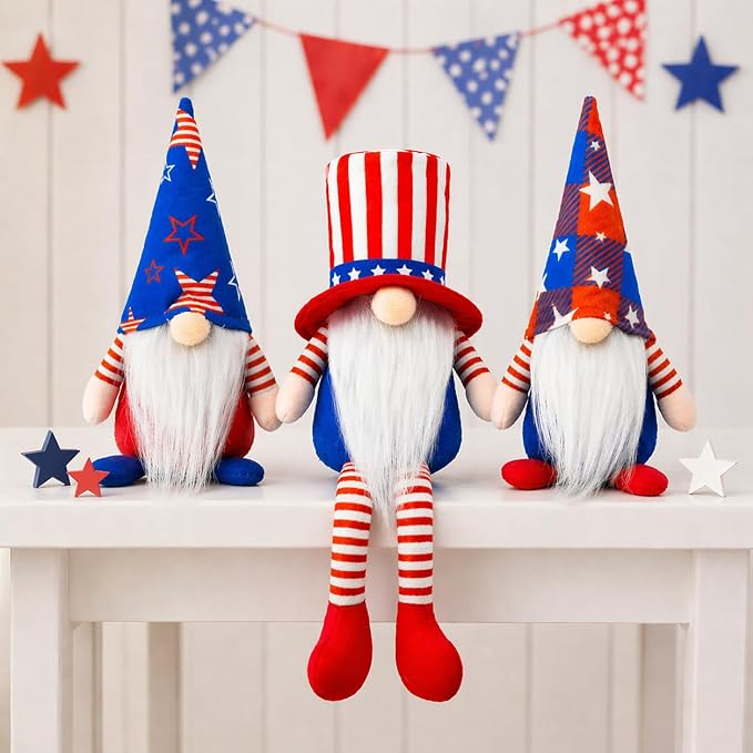 4th of July Decorations Patriotic Gnome Set of 3, 250th Anniversary USA Independence Day Decor, Red White and Blue Decorations for Tiered Tray Mantel Shelf Table