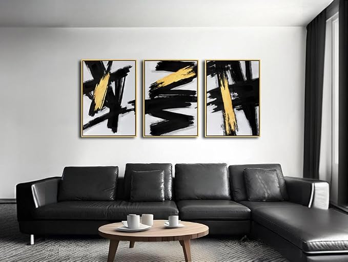 Sofoney - Gold Framed Black and Gold Abstract Wall Art 3D Textured Black and White Canvas Wall Decor with Gold Foil for Living Room Bedroom Office, Large 3 Piece Modern Home Decor, 20"x30"x3 Panels