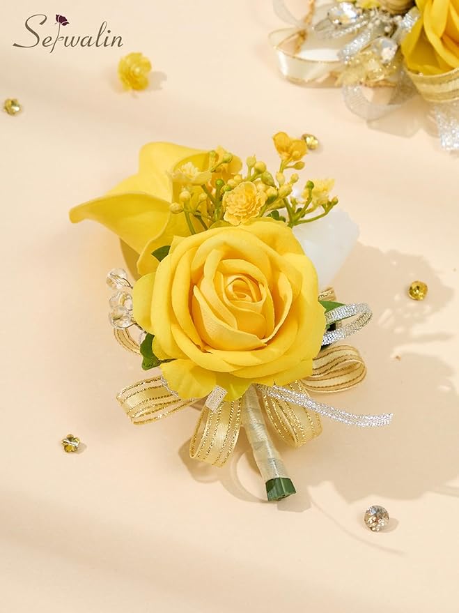 Serwalin Yellow Prom Corsage and Boutonniere Set, Artificial Calla Lily & Rose Wrist Corsage Wristlet for Homecoming, Formal Dance, Wedding Flowers Accessories Party Suit Decorations