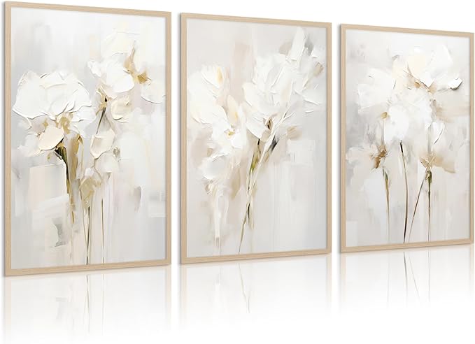 Neutral Wall Art Abstract Floral Canvas Pictures Beige Flower Wall Decor Modern Painting Minimalist Poster Abstract Botanical Prints White Artwork for Bedroom Living Room 24x36 Inch Unframed Set of 3