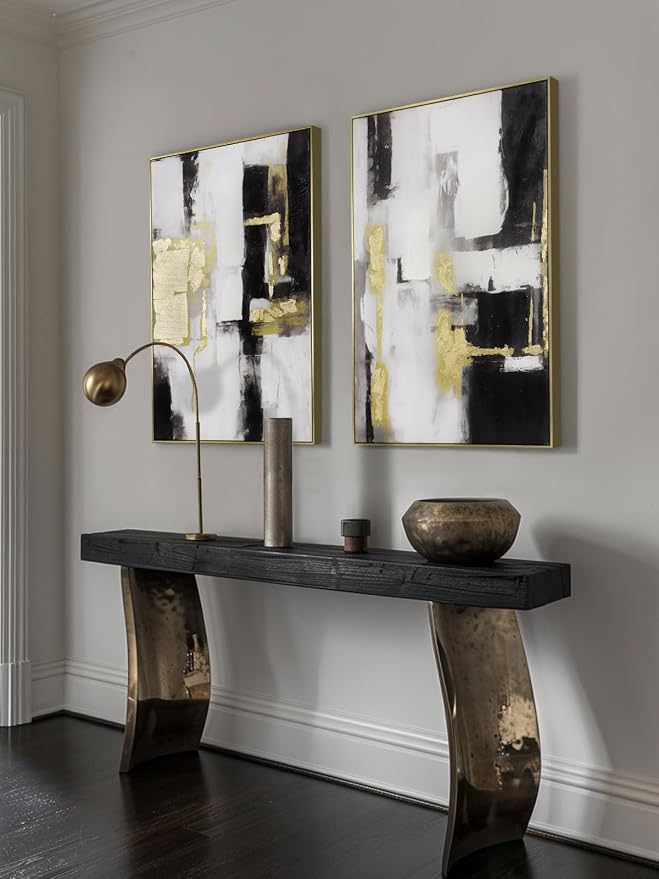 Modern Abstract Wall Art Decor- Black and Gold, 24x36 inch x 2, Framed - Ideal for Large Living Room or Bedroom