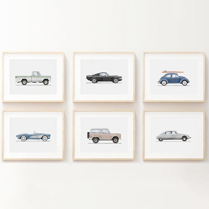 Blue Car Wall Art Decor Boys Room Wall Art Vintage Cars Canvas Poster Pictures Toddler Kids Room Prints Watercolor Vehicle Artwork Painting for Boys Bedroom Nursery 8x10 Inch Unframed Set of 6