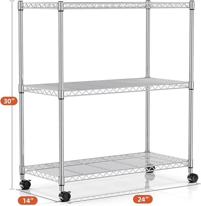 Simple Deluxe 3-Tier Heavy Duty Storage Shelves 750Lb Capacity, 24.02" D x 13.78" W x 29.92" H Adjustable Shelving Unit with Wheels, Chrome, 2 Pack