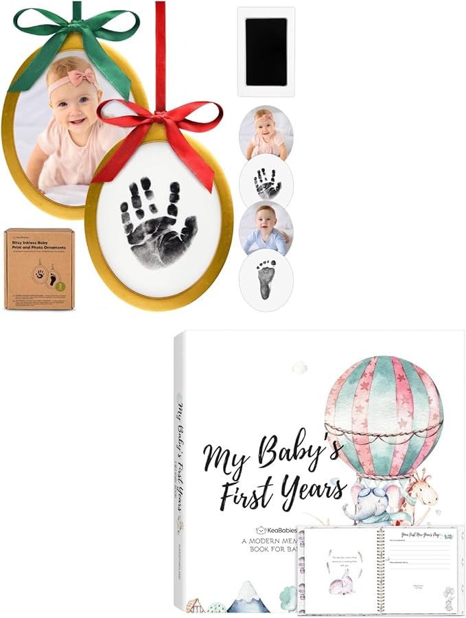 KeaBabies Inkless Baby Hand and Footprint Ornament Kit and First 5 Years Baby Memory Book Journal - Two-sides Baby Footprint Kit, Personalized Baby Gifts Photo Frame - 90 Pages Keepsake Baby Book