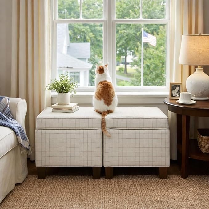 Homepop Home Decor | K7342-F2236 | Classic Square Storage Ottoman with Lift Off Lid | Ottoman with Storage for Living Room & Bedroom, Natural Windowpane Large