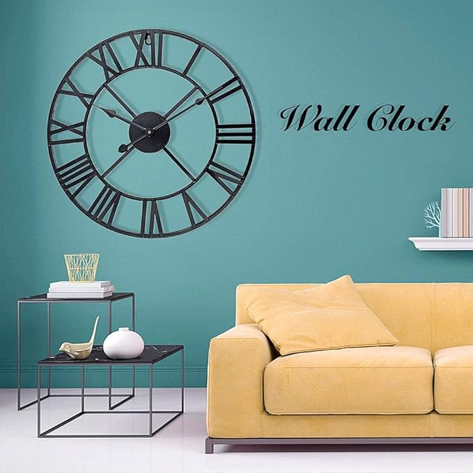 Antique Tower 30 inch Large Roman Numeral Wall Clock, Indoor Outdoor Patio Waterproof Oversized Decorative Contemporary Clock, Antique Black Metal Wall Clock Battery Operated Retro Art Hanging Clock,3