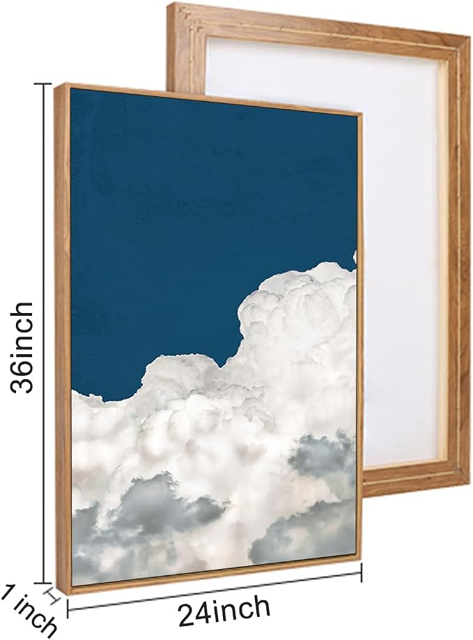 LHIUEM Large White Clouds Framed Canvas Wall Art Set Abstract Navy Blue Sky Natural Wall Decor Minimalist Modern Painting Artwork for Livingroom,Bedroom,Office Decor -24"x36"x3